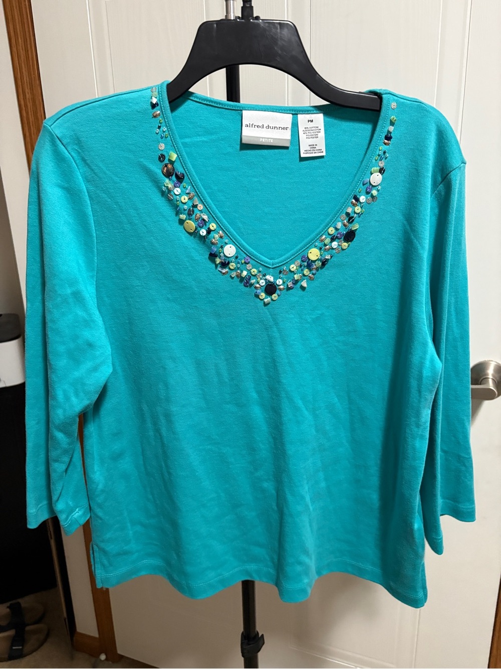 Alfred Dunner Turquoise V-Neck Long Sleeve Top with Bead Embellishment